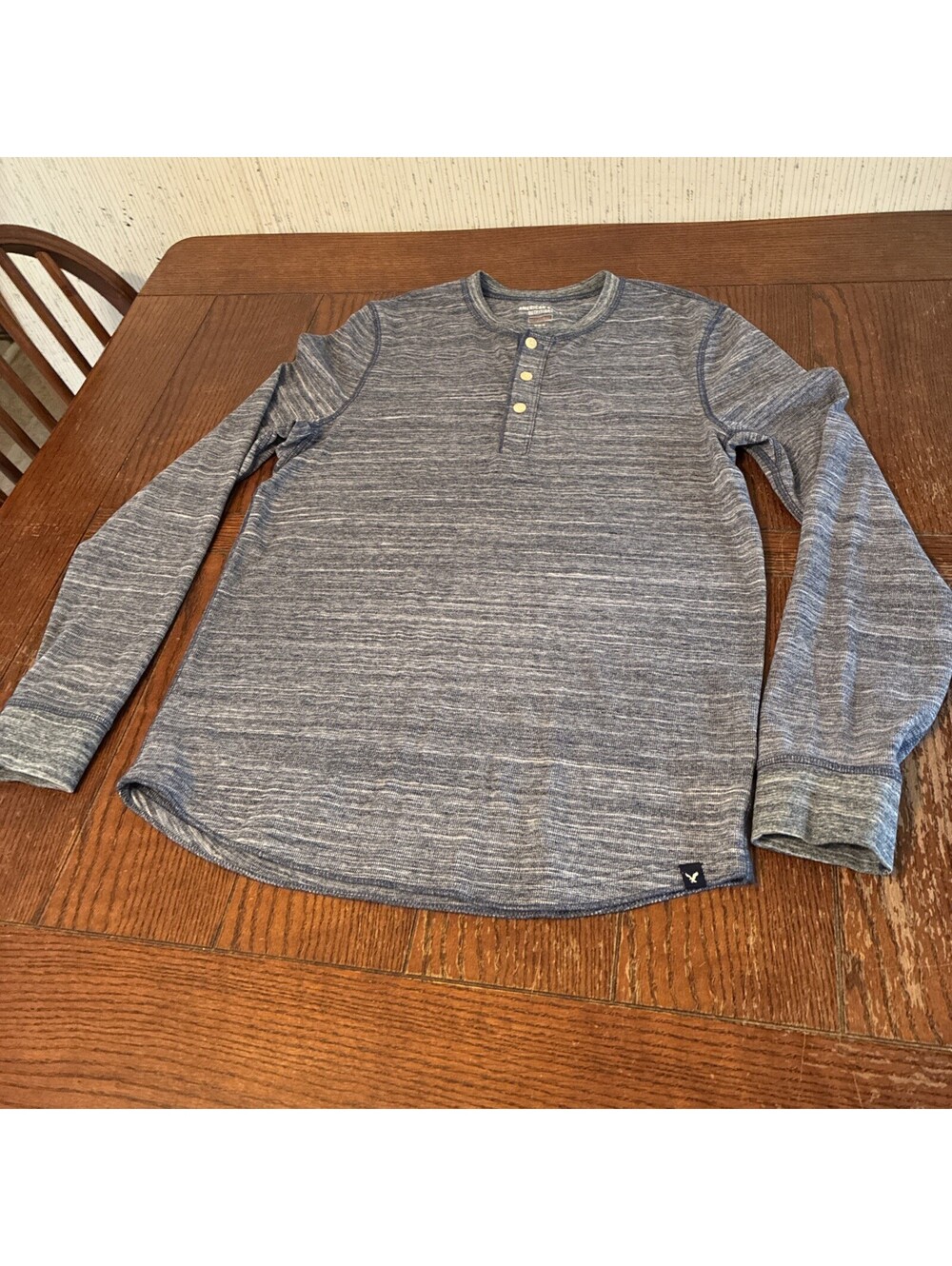 American Eagle Henley Shirt Men’s M Active Flex Long Sleeve Heather Blue